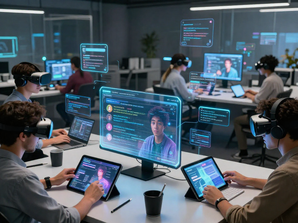 AI chat NSFW scene with diverse users in a futuristic workspace interacting with holographic displays and immersive technology.