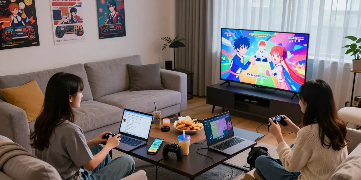 Friends enjoying hentai games html in a cozy living room with snacks and gaming gadgets.