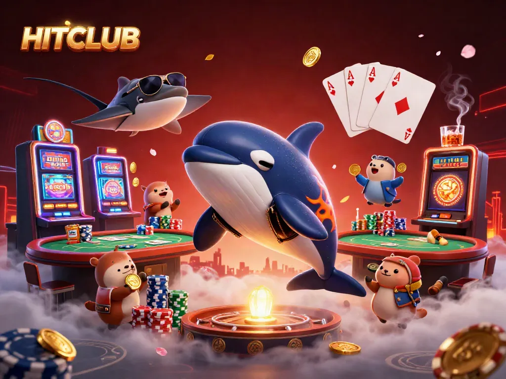 Engage with HITCLUB's exciting casino scene featuring vibrant characters and colorful gambling elements.