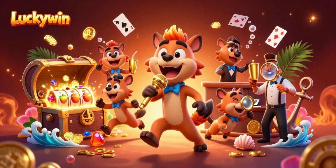Experience the excitement at Luckywin casino with vibrant hyenas, slot reels, and gold coins bursting in a lively atmosphere.