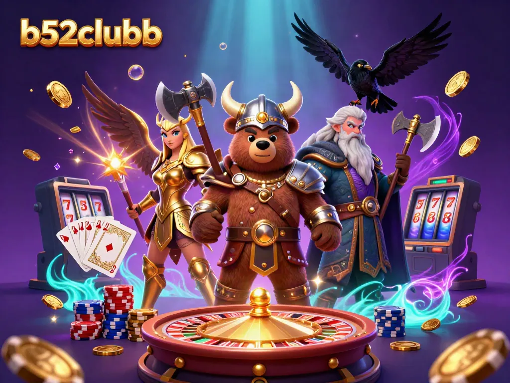 Experience the thrill of b52clubb with a Viking berserker bear and Valkyrie eagle amidst gold coins and spinning roulette.