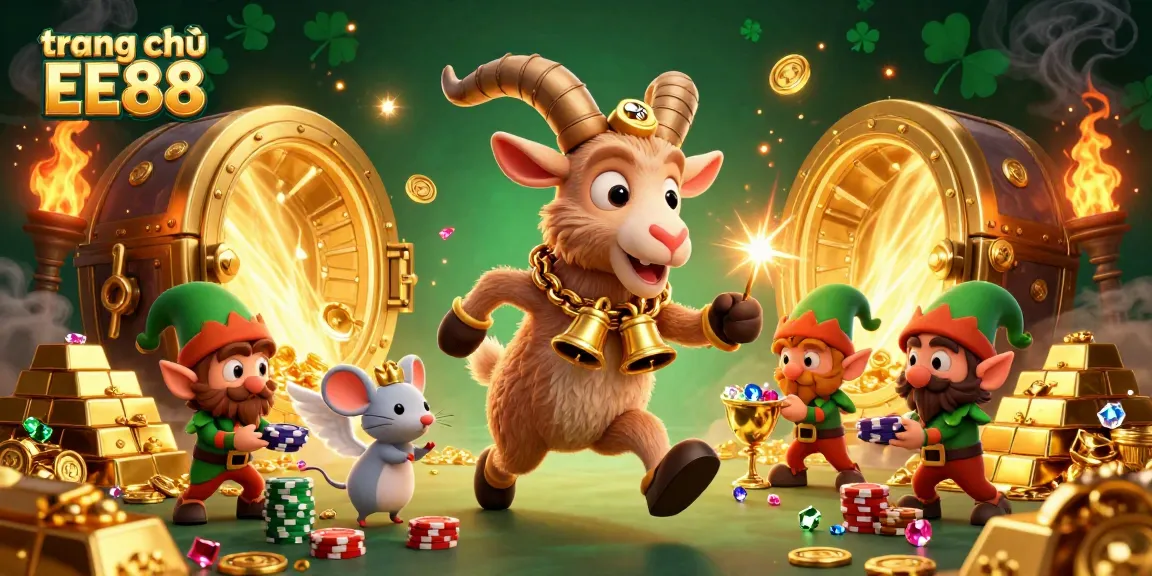 Experience the excitement of the trang chủ EE88 casino with vibrant characters, coins, and golden treasures bursting forth.