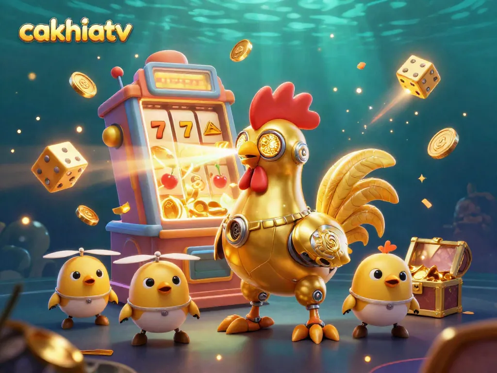 Cakhiatv's vibrant 3D cartoon scene featuring a golden rooster robot amidst thrilling casino symbols, showcasing engaging gambling elements.