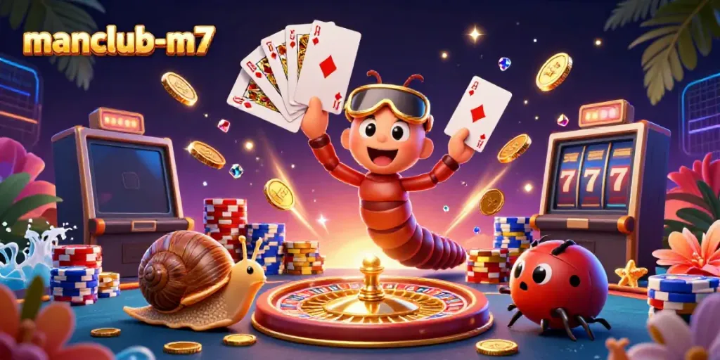Experience the excitement of manclub-m7 with vibrant casino elements like dealers, cards, and chips.