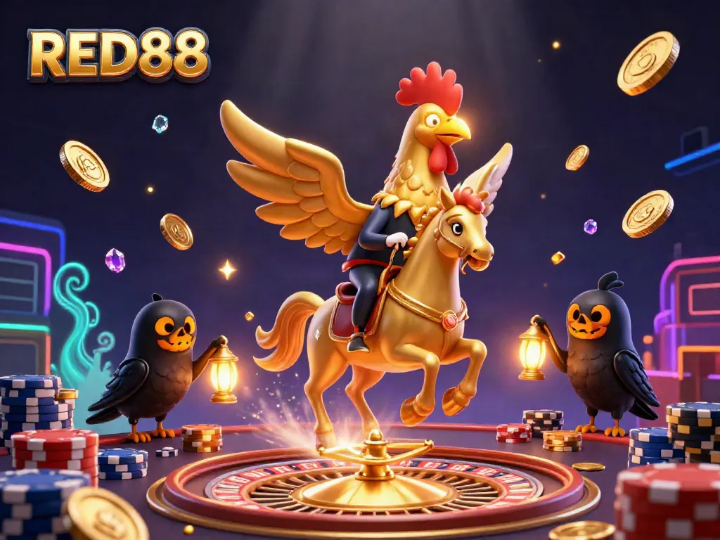 Engage with RED88's thrilling casino experience featuring a golden rooster character in a dynamic casino setting.