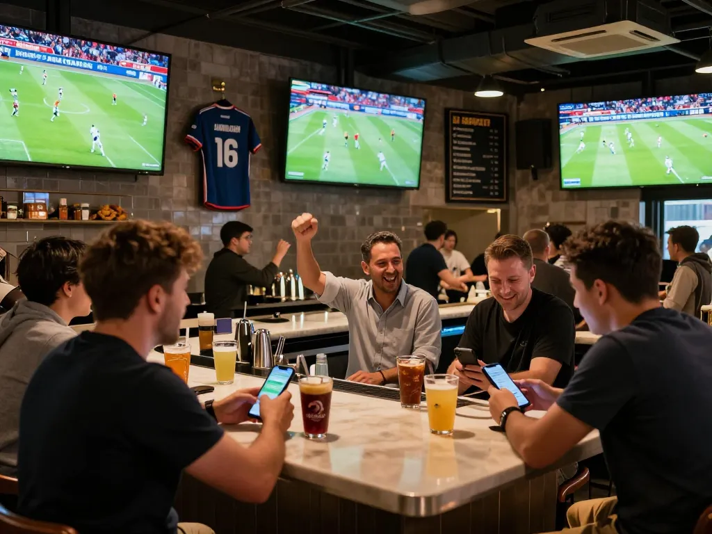 xem trực tiếp bóng đá at a lively sports bar with excited fans engaging with betting apps