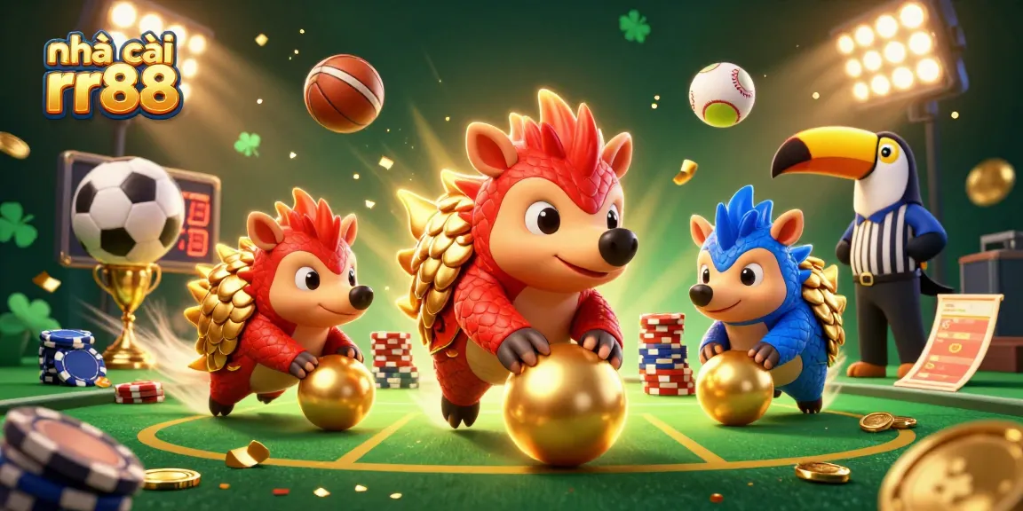 Experience the excitement with nhà cái rr88 as pangolins bowl through poker chips in an animated casino scene.