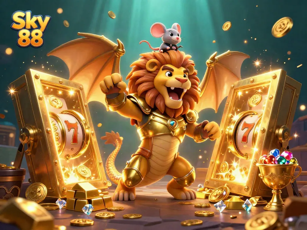 Experience the excitement of Sky 88 with a golden chimera creature and jackpot slot reels.