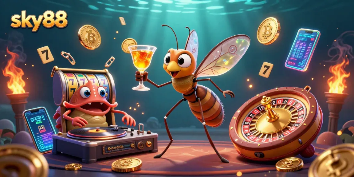Experience the thrill of sky88 with a vibrant casino-themed 3D illustration showcasing unique characters and exciting game elements.
