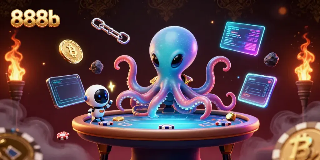 Engage in thrilling action with 888b's cartoon alien octopus at a futuristic poker table.