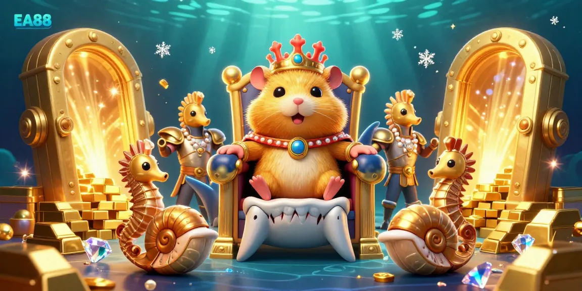 Experience EA88's thrilling casino adventure with a fierce hamster king and treasure in a 3D illustration.