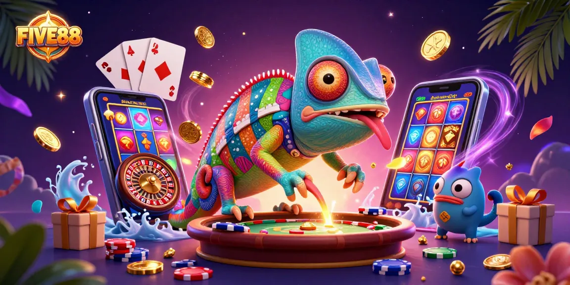 Experience the excitement at FIVE88 Casino with dynamic gaming elements, vibrant colors, and engaging atmosphere.