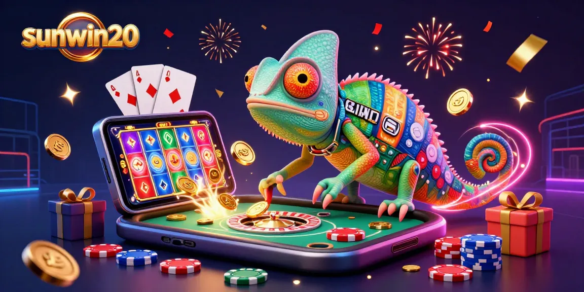 Play slots with sunwin20, featuring a colorful chameleon casino owner, coins, and festive gaming elements.
