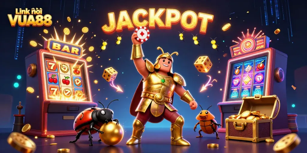 Engage in thrilling gameplay with Link vào VUA88, as a cartoon beetle celebrates a jackpot victory!