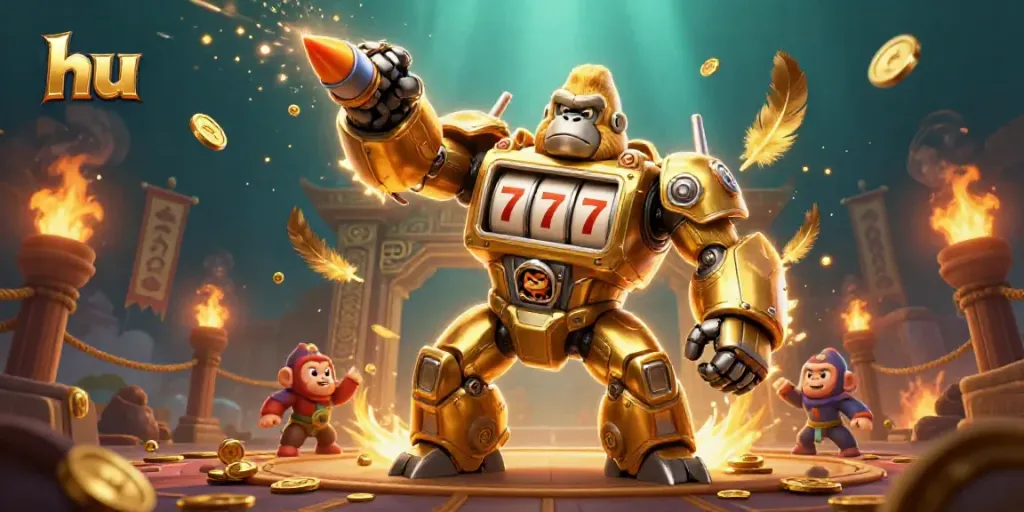 Engage in thrilling casino action with the dynamic transformer-style gorilla mech and vibrant game elements, hu!