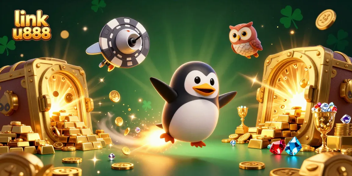 Engage in excitement with link u888 as a golden penguin blasts through a treasure-filled casino galaxy.
