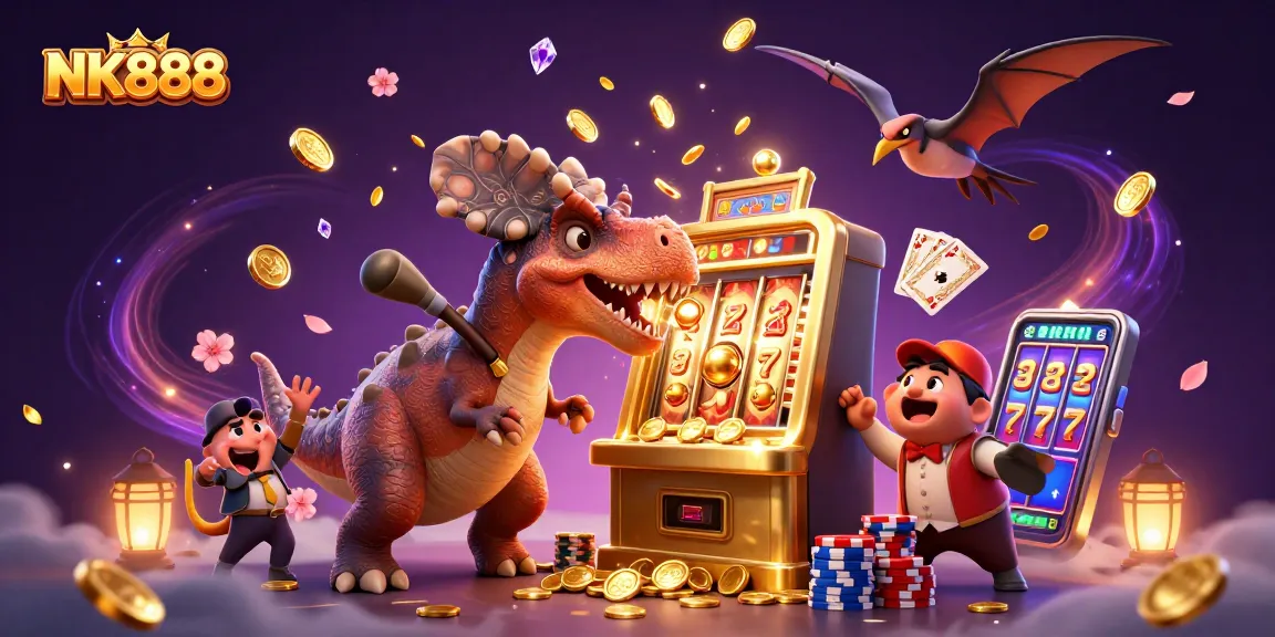 NK888 slot machine jackpot scene with dynamic characters, gold coins, and casino excitement