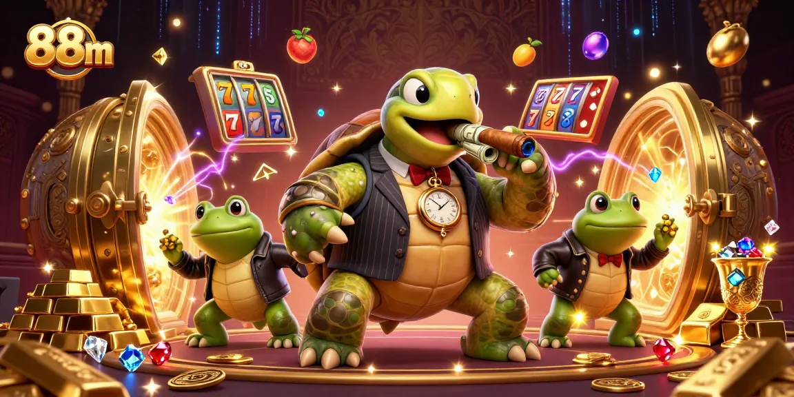 Experience vibrant action at 88m casino, featuring a turtle mobster and bullfrog enforcers amid winning treasures.