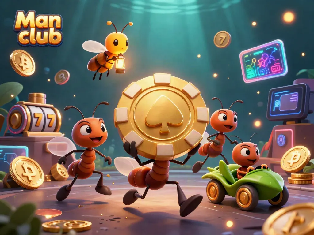 Join the excitement at Man club, featuring a dynamic scene with cartoon ants carrying a giant poker chip and casino elements.