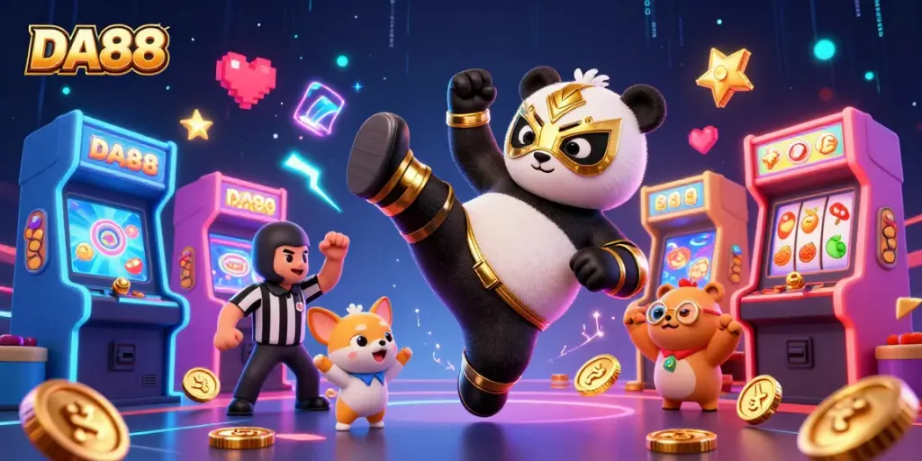 Experience DA88 casino excitement with a wrestling panda, golden slots, and animated animal fans cheering.