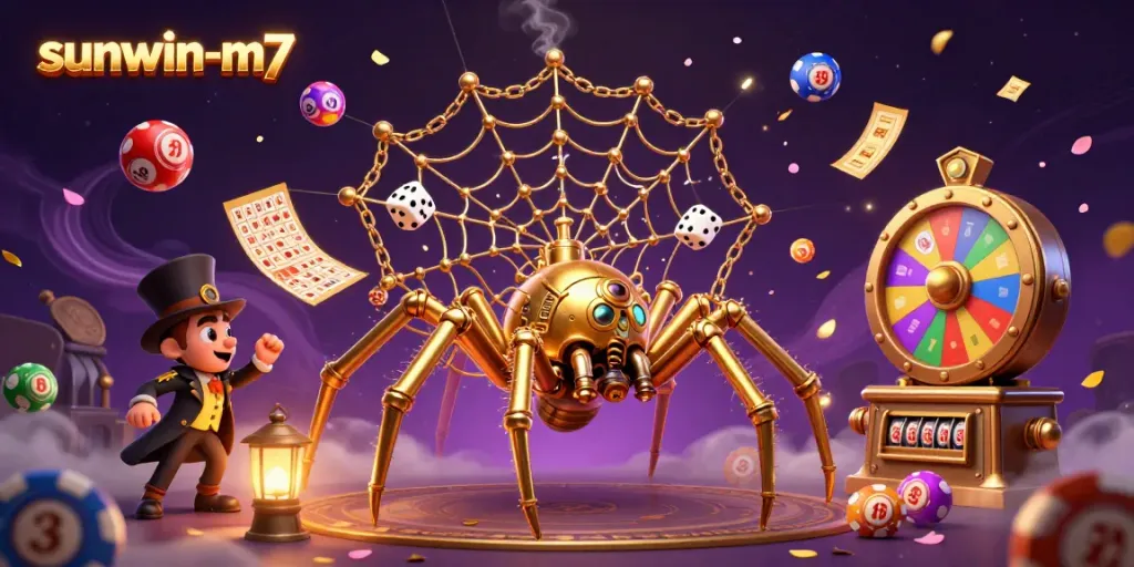 Engage with the sunwin-m7 experience as the steampunk spider plays with casino luck amidst vibrant lottery elements.