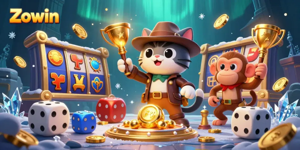 Zowin immersive casino adventure illustration featuring attraction to winning symbols and golden trophies.