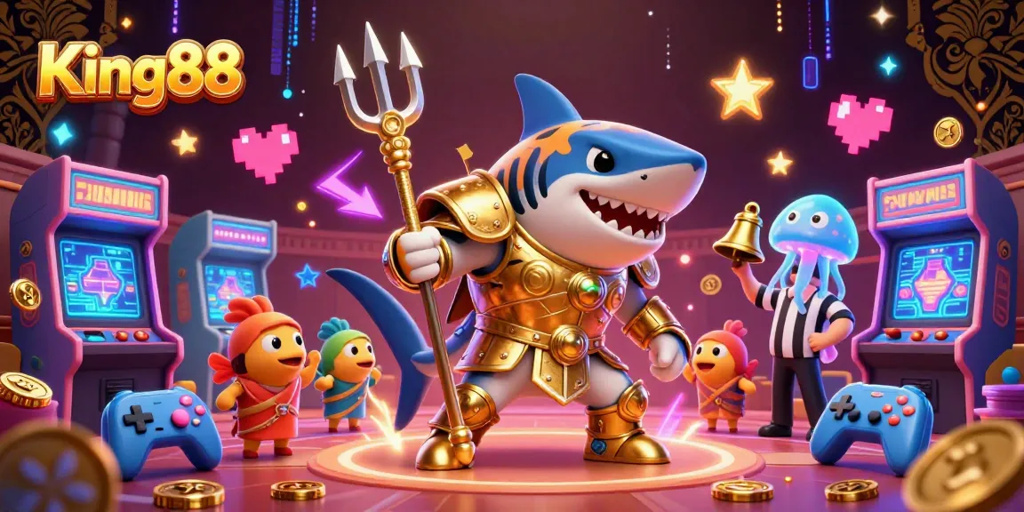 King88 illustrates a vibrant casino scene with a shark gladiator amidst colorful gaming elements.