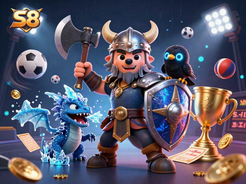 S8 Viking wolf warrior dominates the arena surrounded by vibrant sports elements, showcasing high-energy action.
