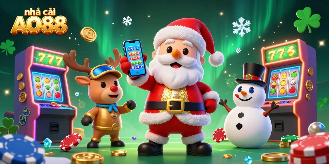 Play games at nhà cái AO88 with a festive casino scene featuring Santa Claus and his friends.