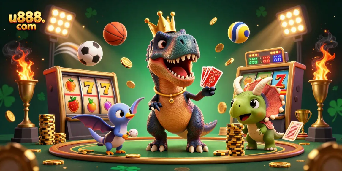 Experience fun gaming at u888. com with a cheerful T-Rex shuffling cards in an animated casino!