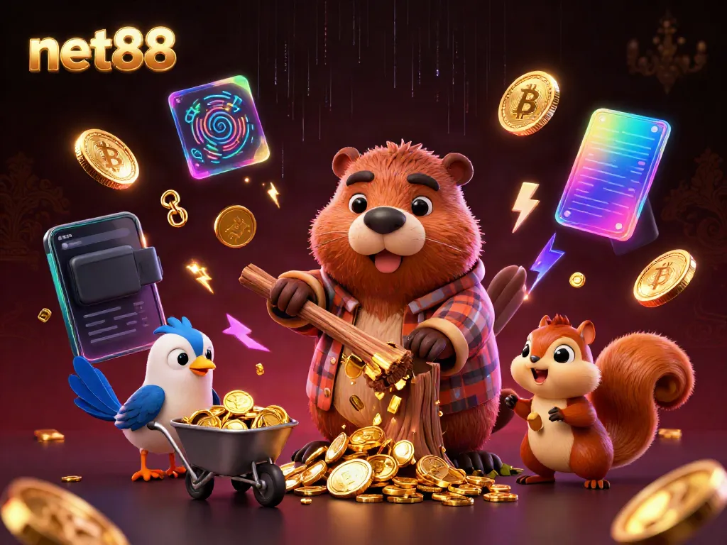 Experience thrilling gameplay at net88 with a vibrant scene of cartoon characters capturing golden coins and currency symbols.