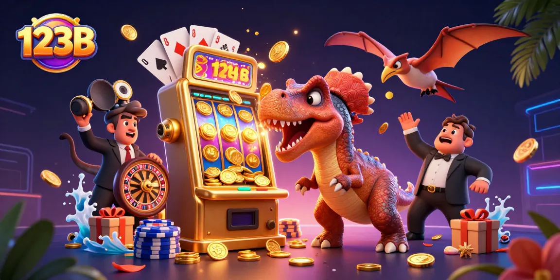 123B showcases a dynamic casino scene with a pachycephalosaurus, jackpot coins, and playful casino elements.