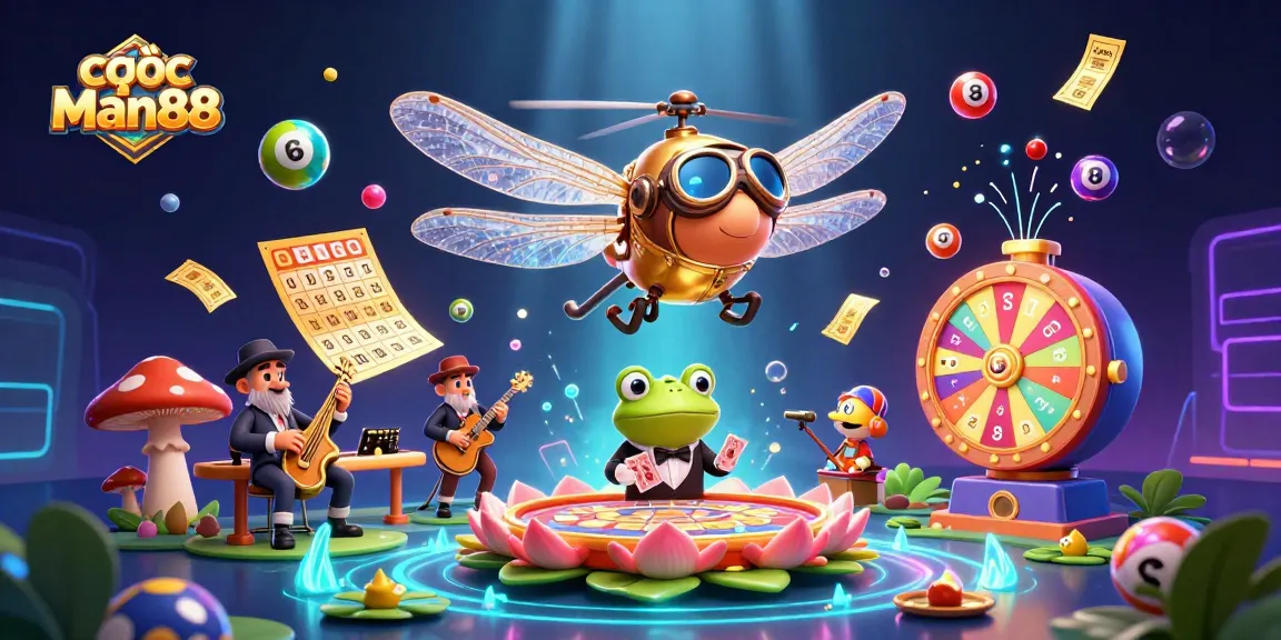 Cược Man88 offers an exciting gaming atmosphere with vibrant characters and game elements featuring a dragonfly pilot, frog croupier, and jazz music.