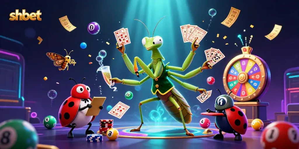 Engage with shbet's vibrant casino scene featuring a mantis card sharp and ladybug pit boss in action.