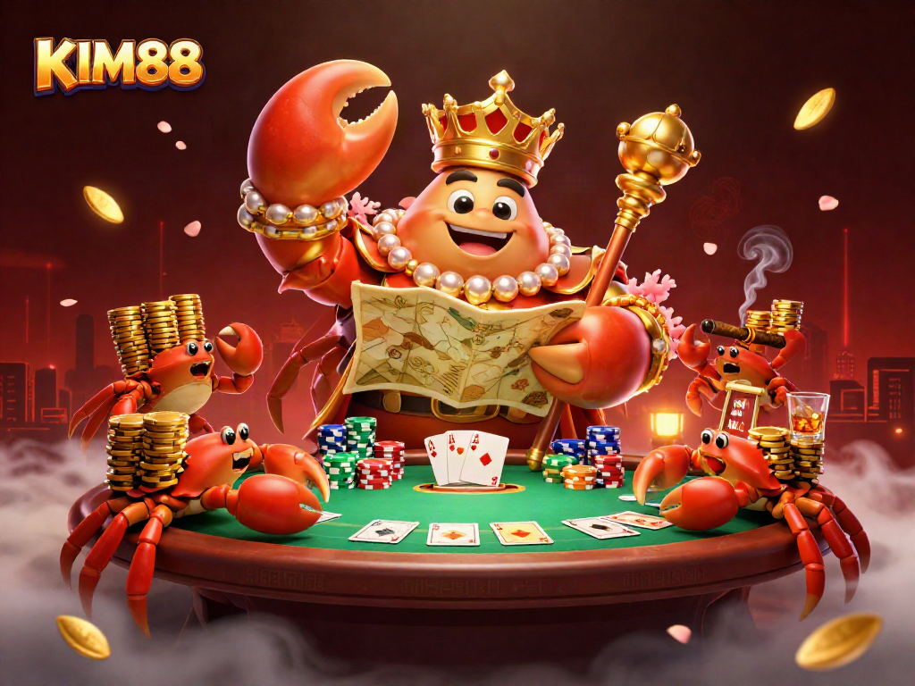 KIM88 invites players to win big with an emperor crab surrounded by poker excitement.