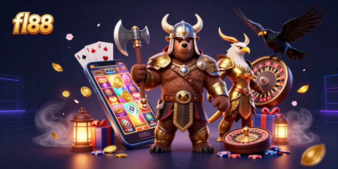 Spin the reels at fl88 with a Viking berserker and Valkyrie eagle amid golden coins.