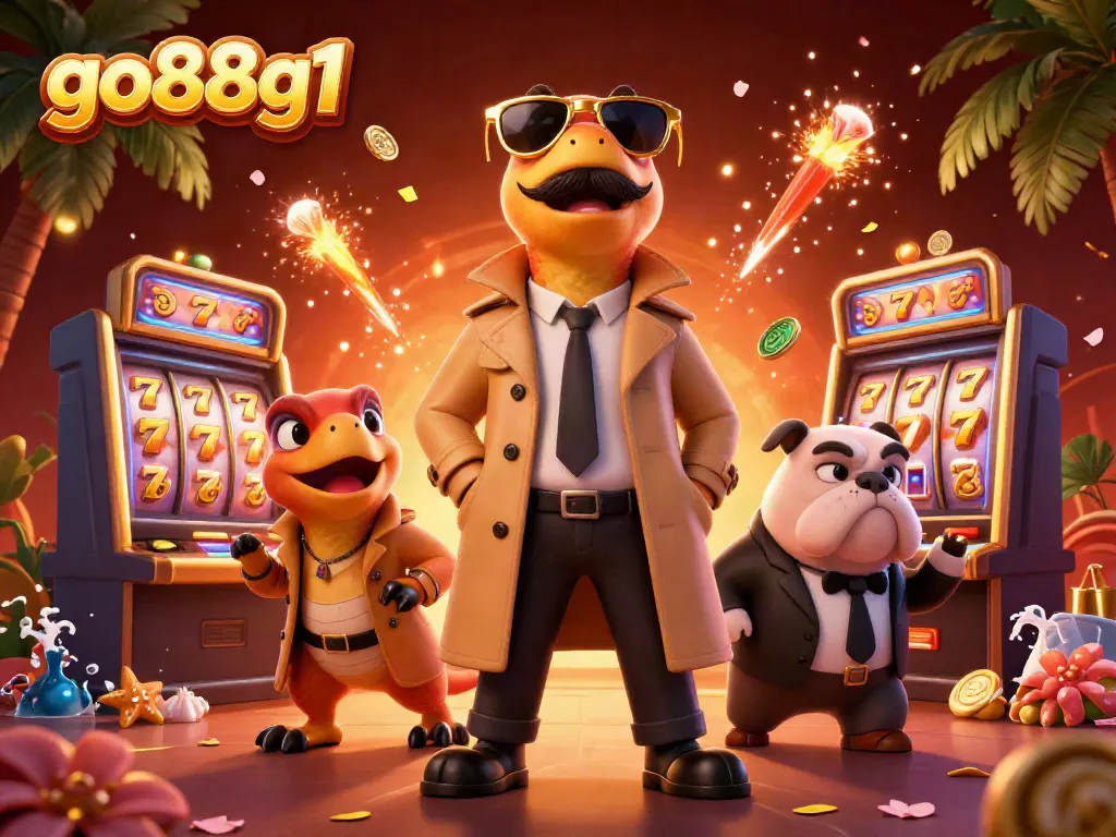 Experience vibrant gaming action at go88g1 with 3D cartoon raptors attempting casino entry.