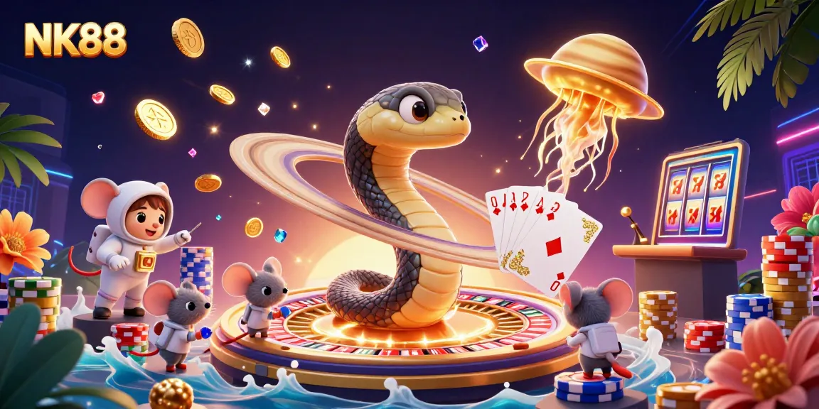 Experience thrilling casino action with NK88 featuring dynamic 3D characters and vibrant gambling elements.