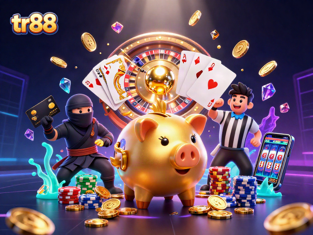Experience the excitement of tr88 with a dynamic, vivid casino scene packed with thrilling characters and rich gambling elements.