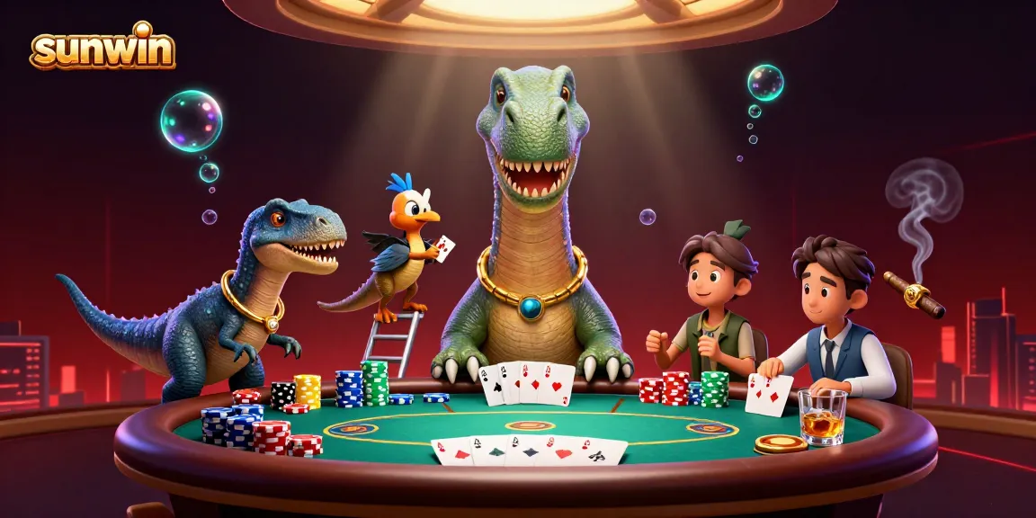 Experience sunwin excitement with a giant brontosaurus and clever raptor at an animated poker table.