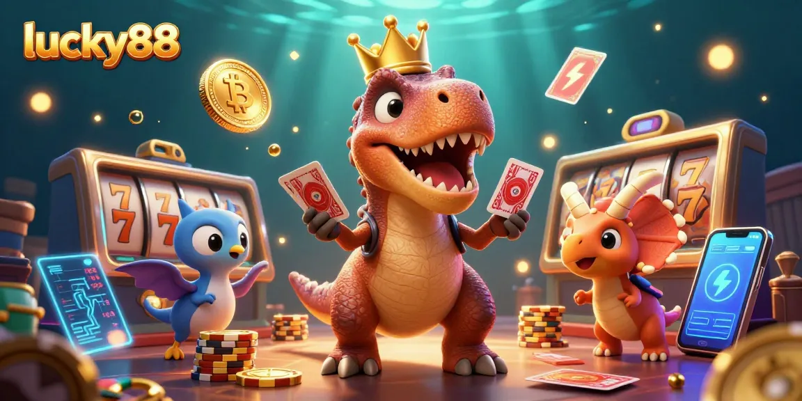 Engage in exciting games with lucky88 while a T-Rex shuffles cards and friends stack chips.