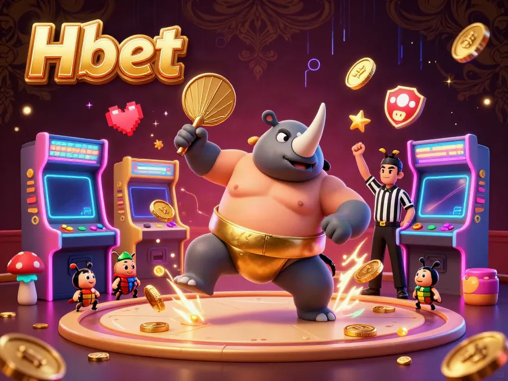 Experience thrilling gameplay with Hbet featuring a cartoon rhinoceros beetle champion amidst flying coins and arcade machines.