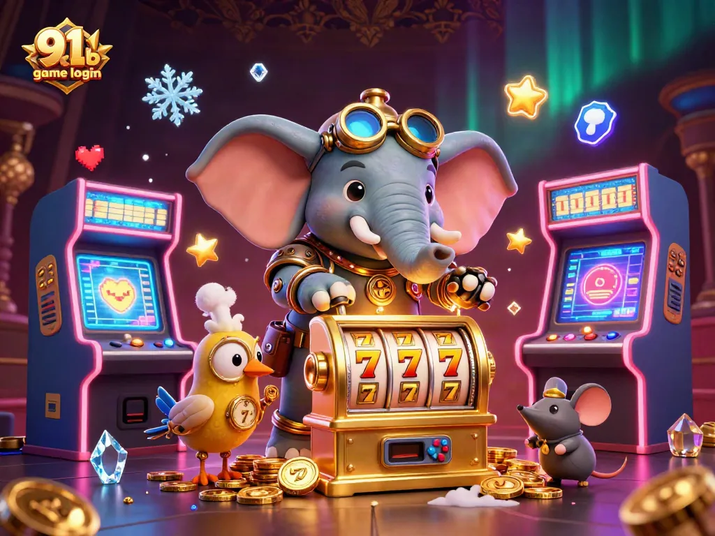 Engage in thrilling gameplay with the 91 club game login, surrounded by colorful slot machines and vibrant arcade elements.