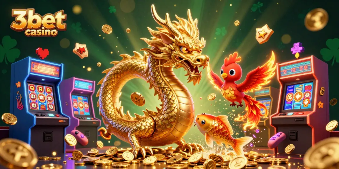Experience excitement at 3bet casino with a golden dragon, phoenix, coins, and vibrant gaming elements.