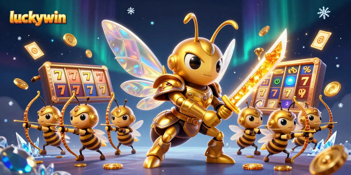 Experience luckywin gaming with a vibrant 3D illustration of golden hornets and bustling slot reels.