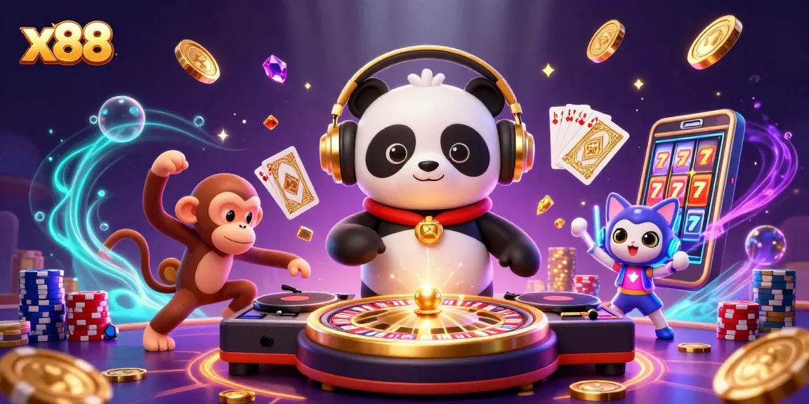 x88 players engaging in vibrant casino activity, featuring DJ panda and animated characters