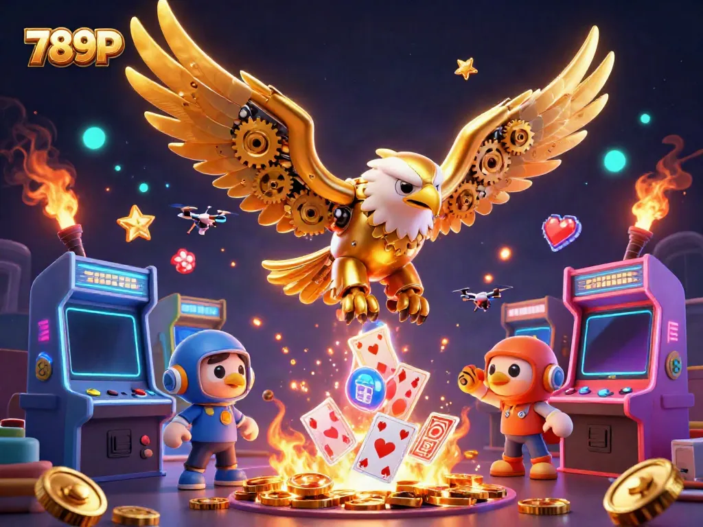 Engage in thrilling gameplay at 789P with a cybernetic eagle diving through holographic cards.