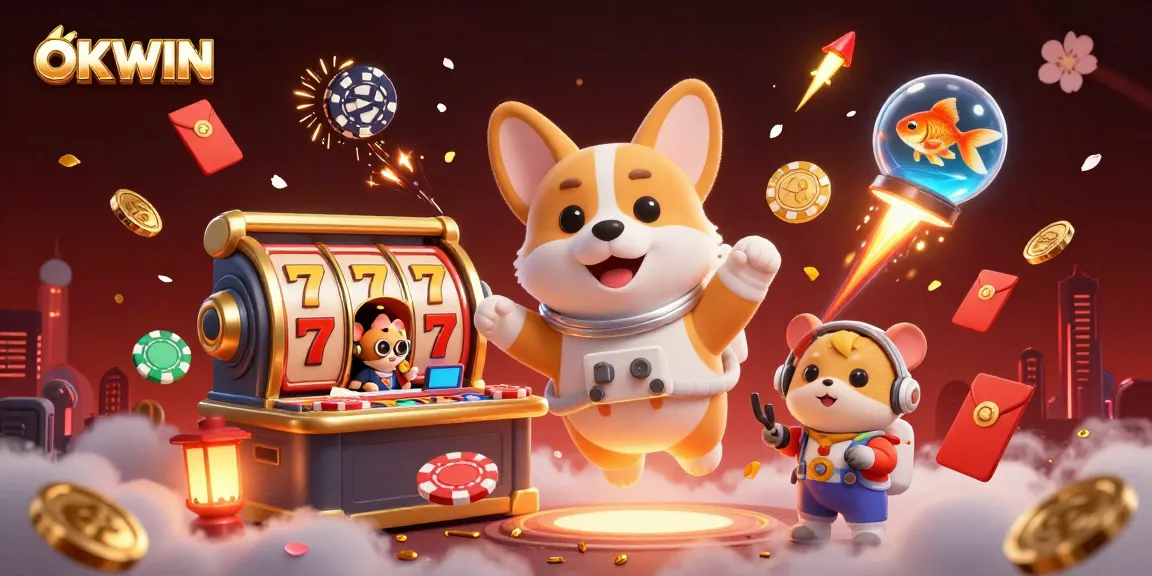 OKWIN casino scene with a corgi astronaut and gambling elements floating in space.