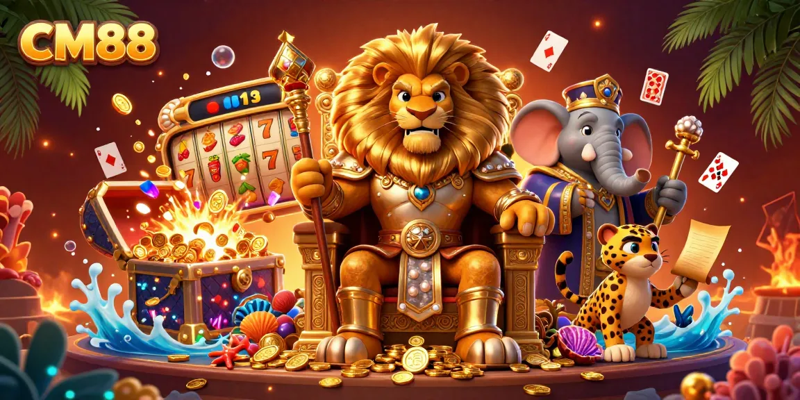 Experience the thrill of CM88 with a 3D illustration of a lion king, jackpot, and vibrant casino elements.