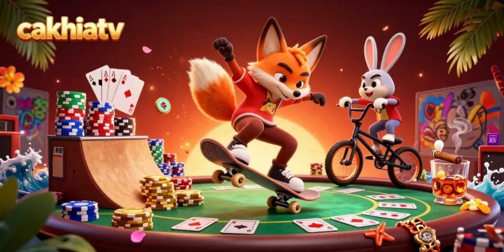 Experience thrilling action and vibrant visuals with cakhiatv's cartoon fox and rabbit in a dynamic casino scene.